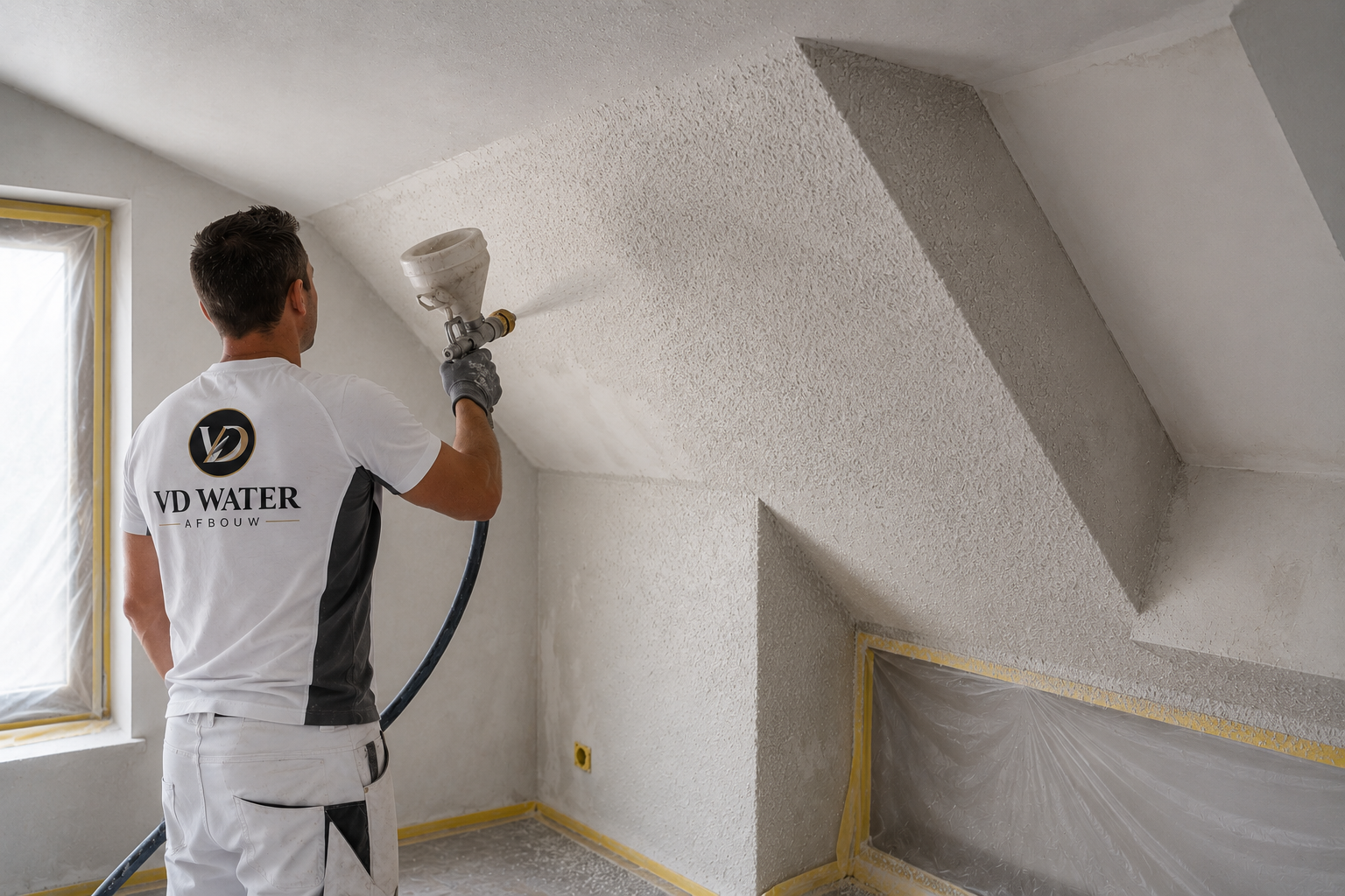 Spackspuiten van hoger gelegen delen van een wand